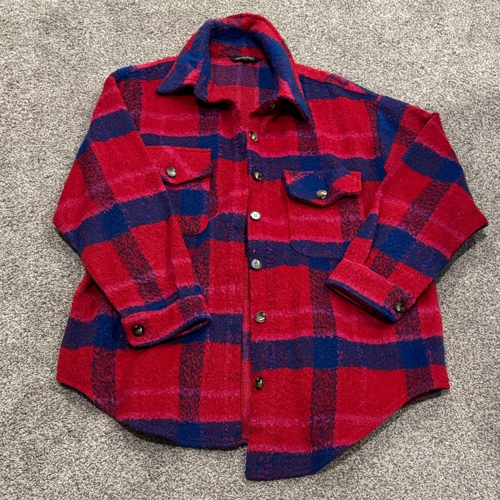DAVI & DANI Red and Navy Plaid Utility Jacket